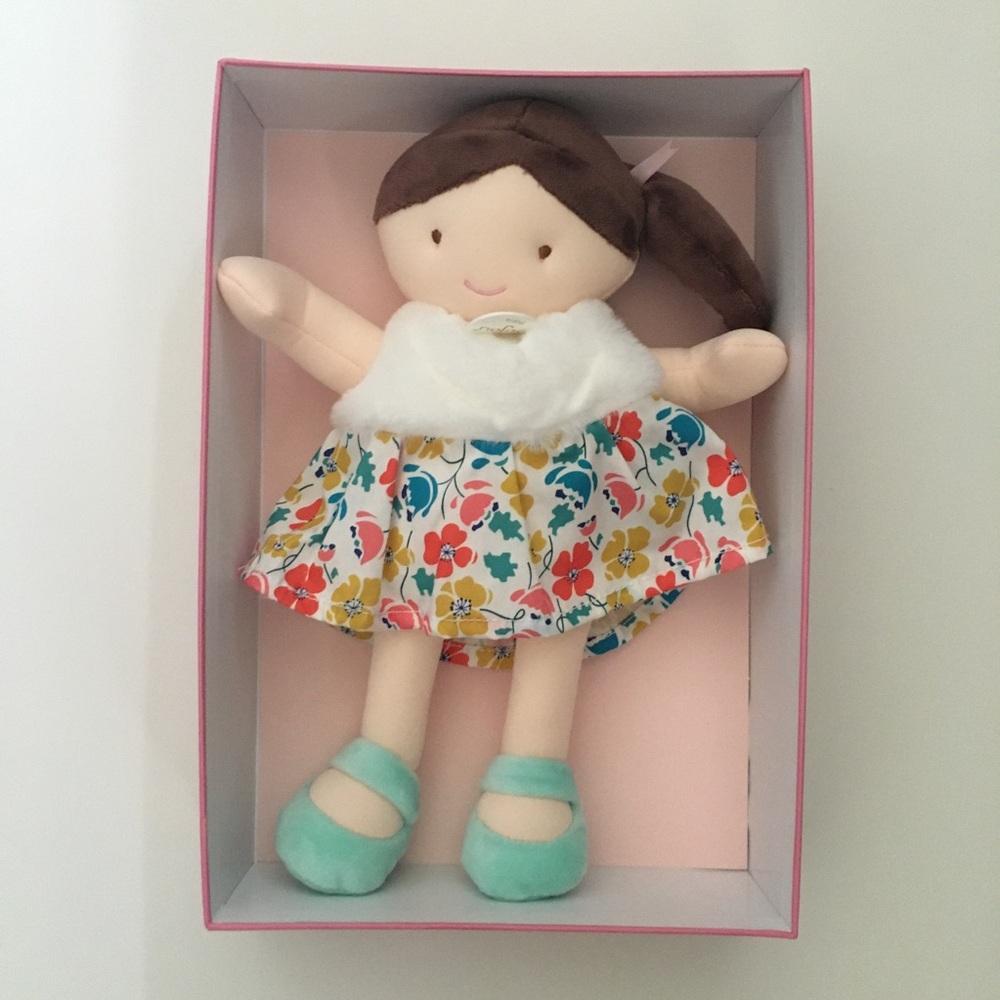 NEW Doll Brown Hair Floral Dress Soft Baby Toy Infant Toddler Gift Box | Jolijou